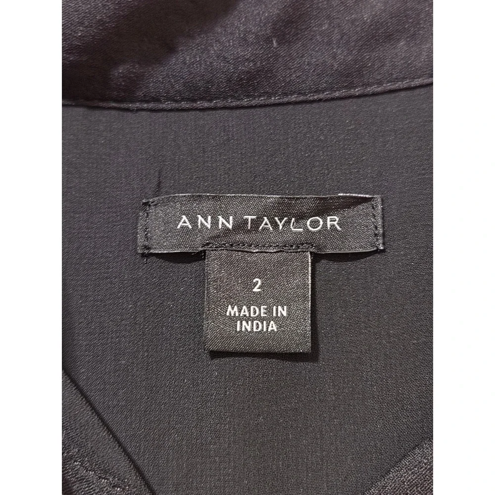 Ann Taylor Black Midi Shirt Dress Gold Button Front Puff Sleeve Size 2‎ RN77379